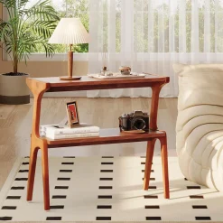 2-Tier Slim End Table, Solid Wood Sofa Side Table with Storage Shelf