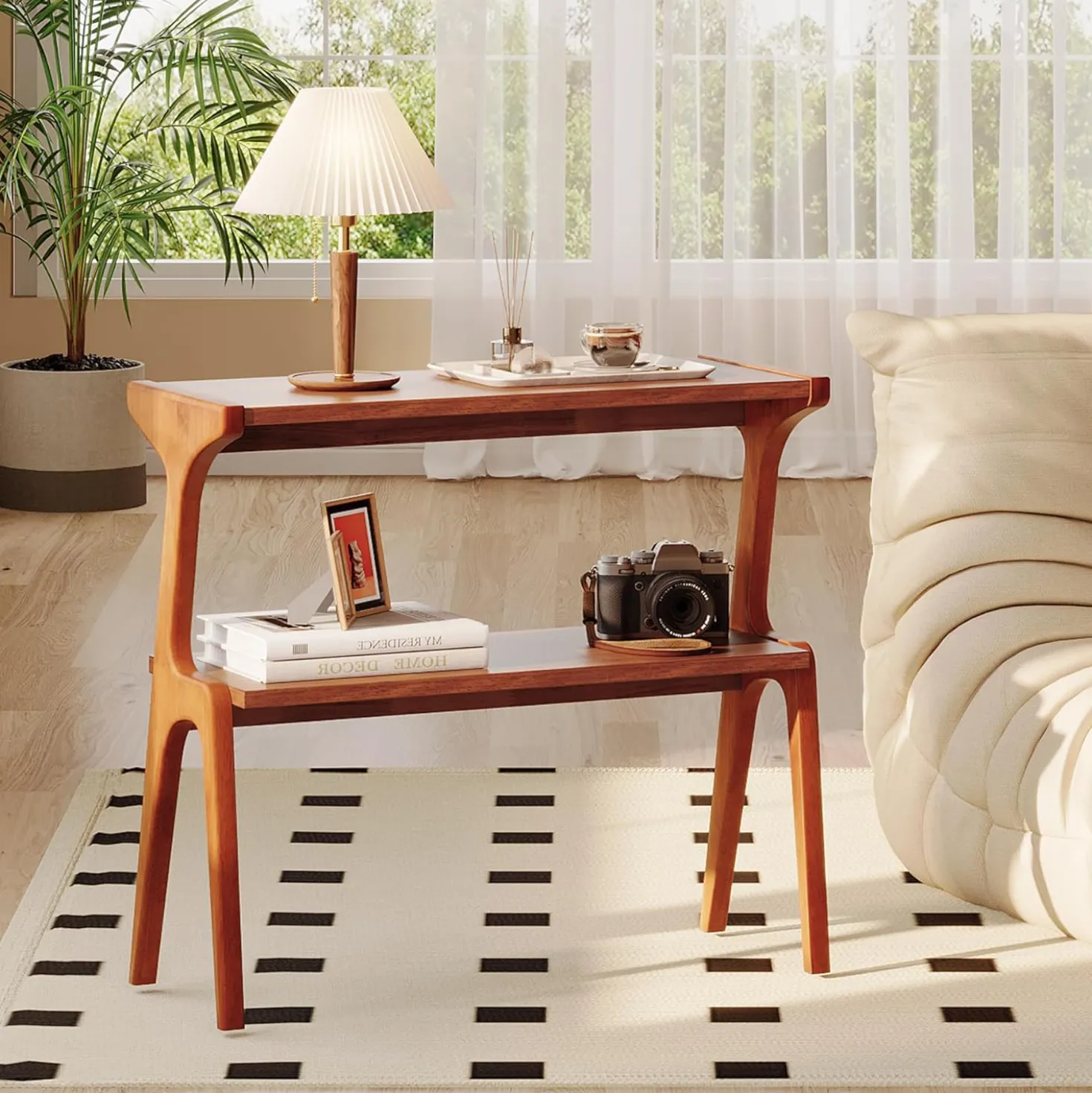2-Tier Slim End Table, Solid Wood Sofa Side Table with Storage Shelf