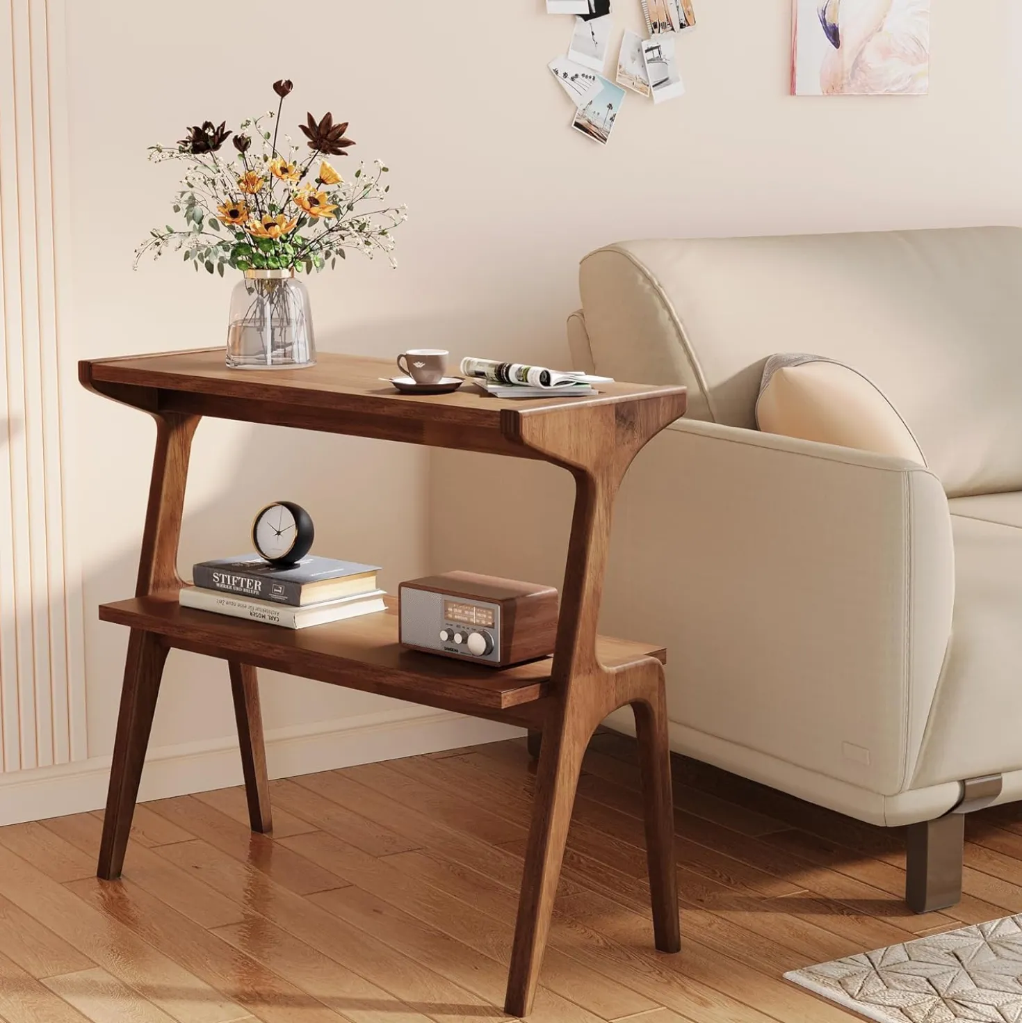 2-Tier Slim End Table, Solid Wood Sofa Side Table with Storage Shelf
