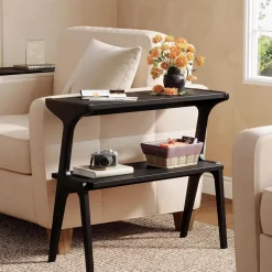 2-Tier Slim End Table, Solid Wood Sofa Side Table with Storage Shelf