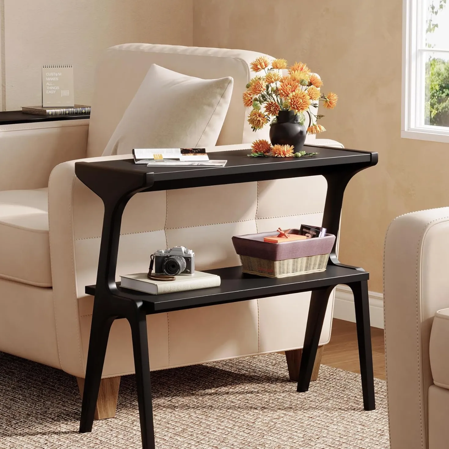 2-Tier Slim End Table, Solid Wood Sofa Side Table with Storage Shelf