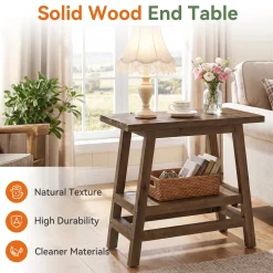 2-Tier Small Side Table, Farmhouse Rectangular Nightstand for Living Room, Bedroom