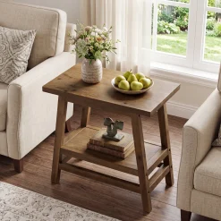 2-Tier Small Side Table, Farmhouse Rectangular Nightstand for Living Room, Bedroom