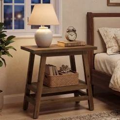 2-Tier Small Side Table, Farmhouse Rectangular Nightstand for Living Room, Bedroom