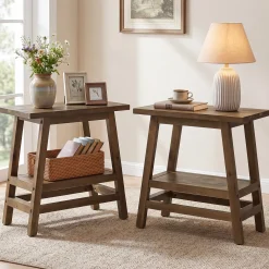 2-Tier Small Side Table, Farmhouse Rectangular Nightstand for Living Room, Bedroom