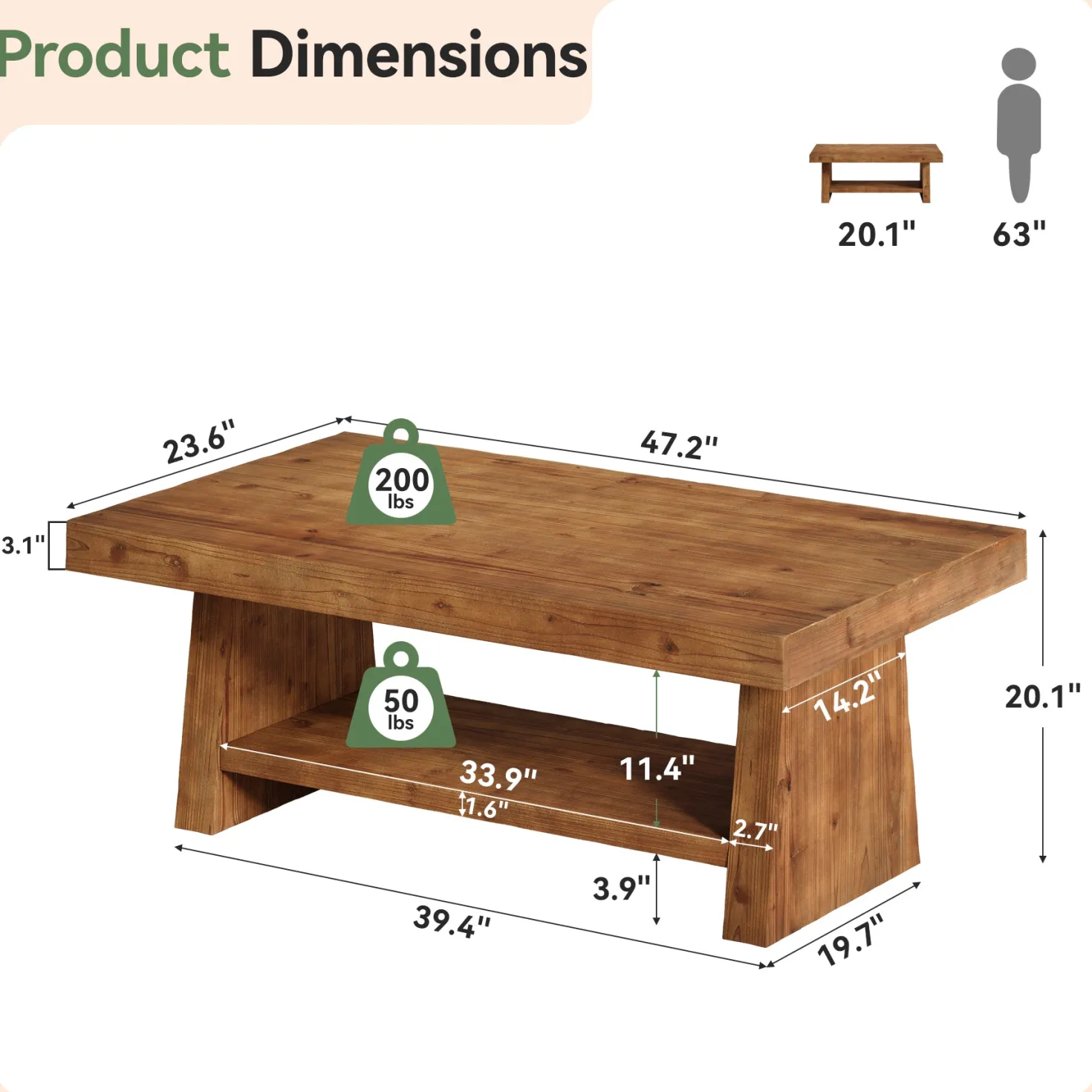 2-Tier Solid Wood Coffee Table, 47" Farmhouse Wood Center Table with Storage