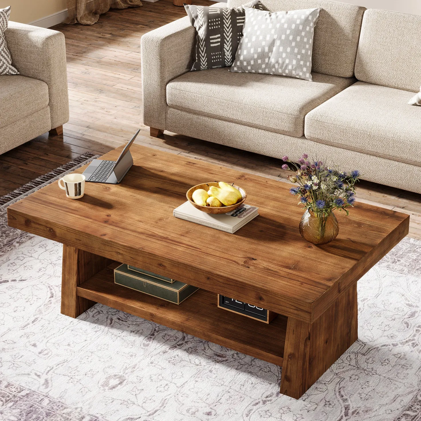 2-Tier Solid Wood Coffee Table, 47" Farmhouse Wood Center Table with Storage