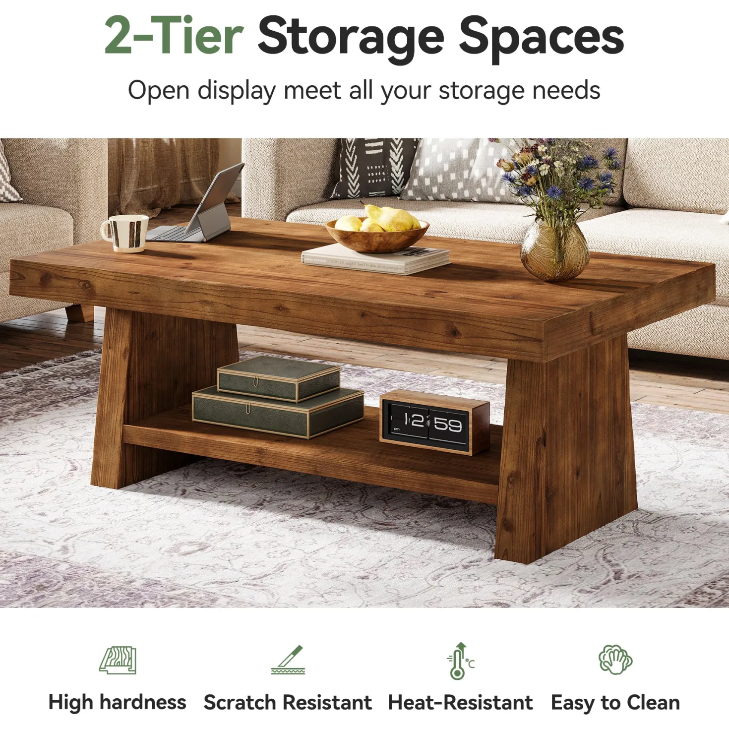 2-Tier Solid Wood Coffee Table, 47" Farmhouse Wood Center Table with Storage