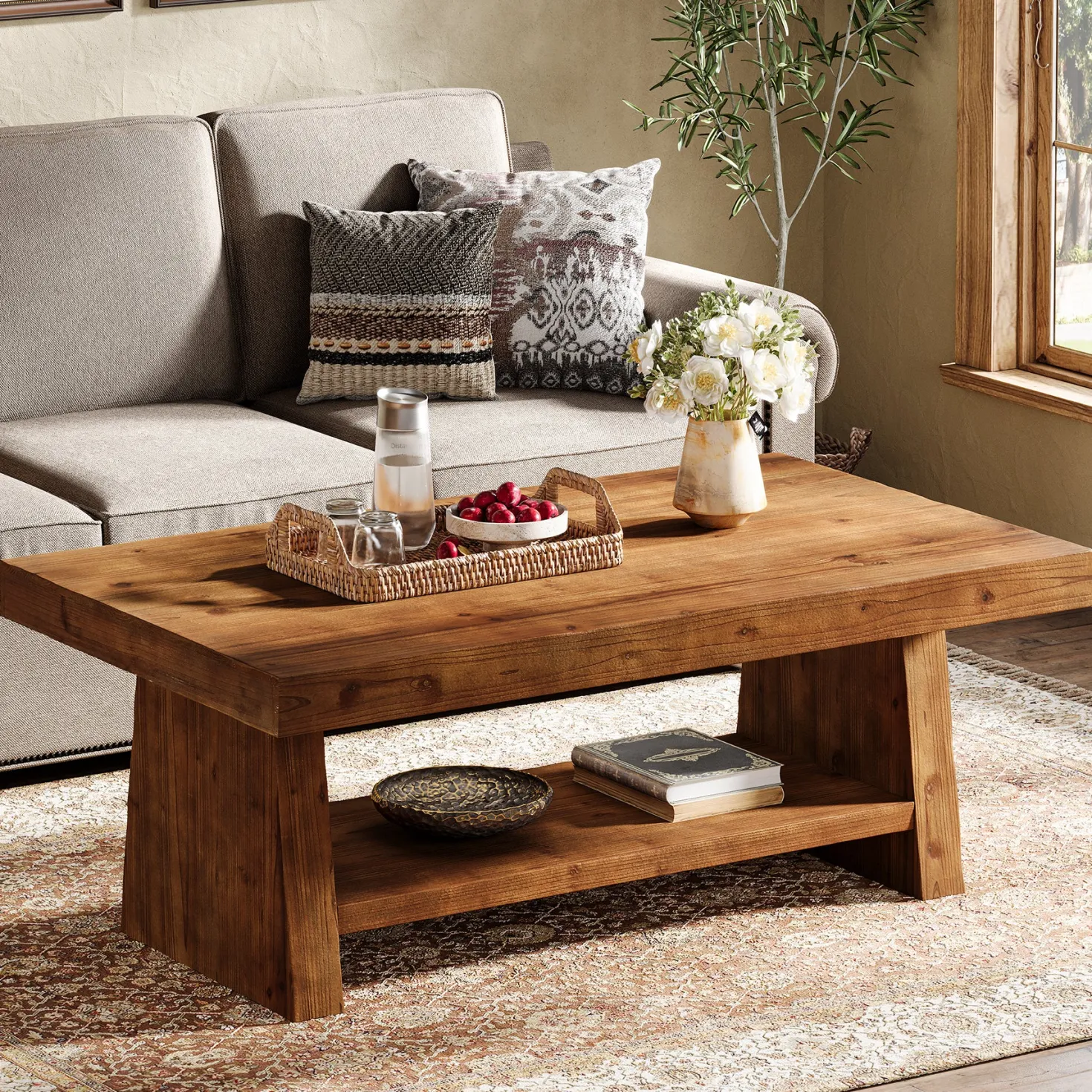 2-Tier Solid Wood Coffee Table, 47" Farmhouse Wood Center Table with Storage