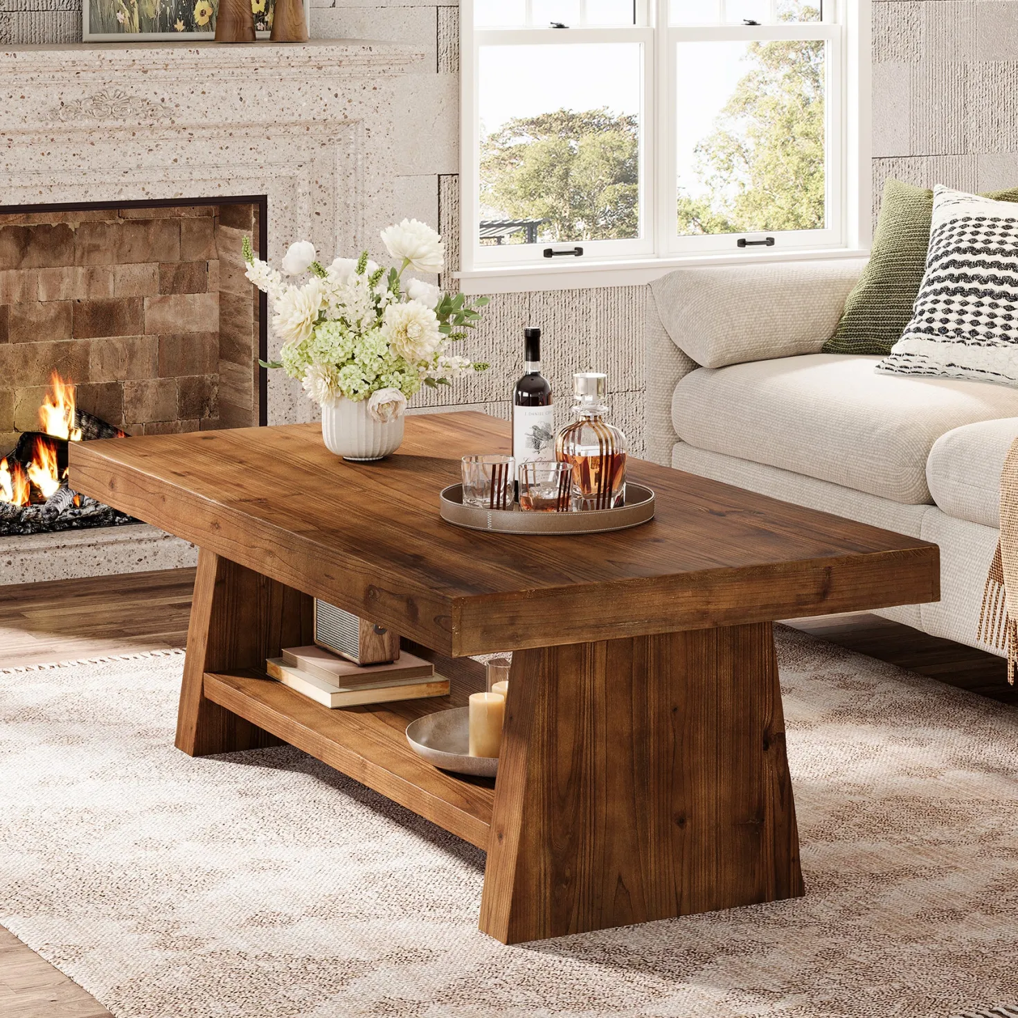 2-Tier Solid Wood Coffee Table, 47" Farmhouse Wood Center Table with Storage