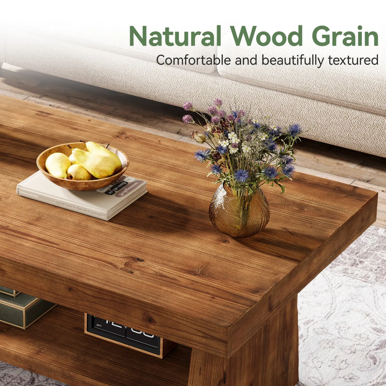 2-Tier Solid Wood Coffee Table, 47" Farmhouse Wood Center Table with Storage