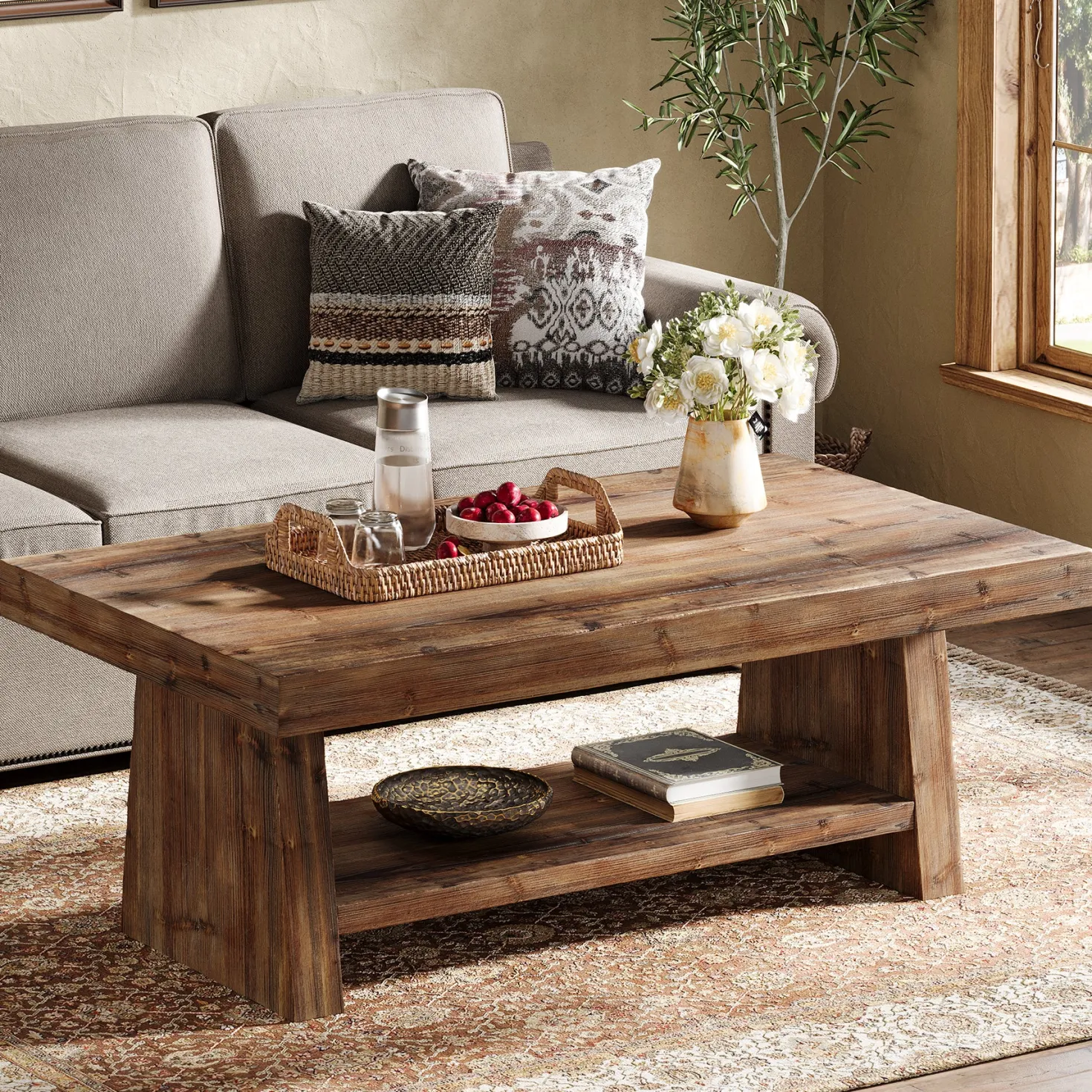 2-Tier Solid Wood Coffee Table, 47" Farmhouse Wood Center Table with Storage