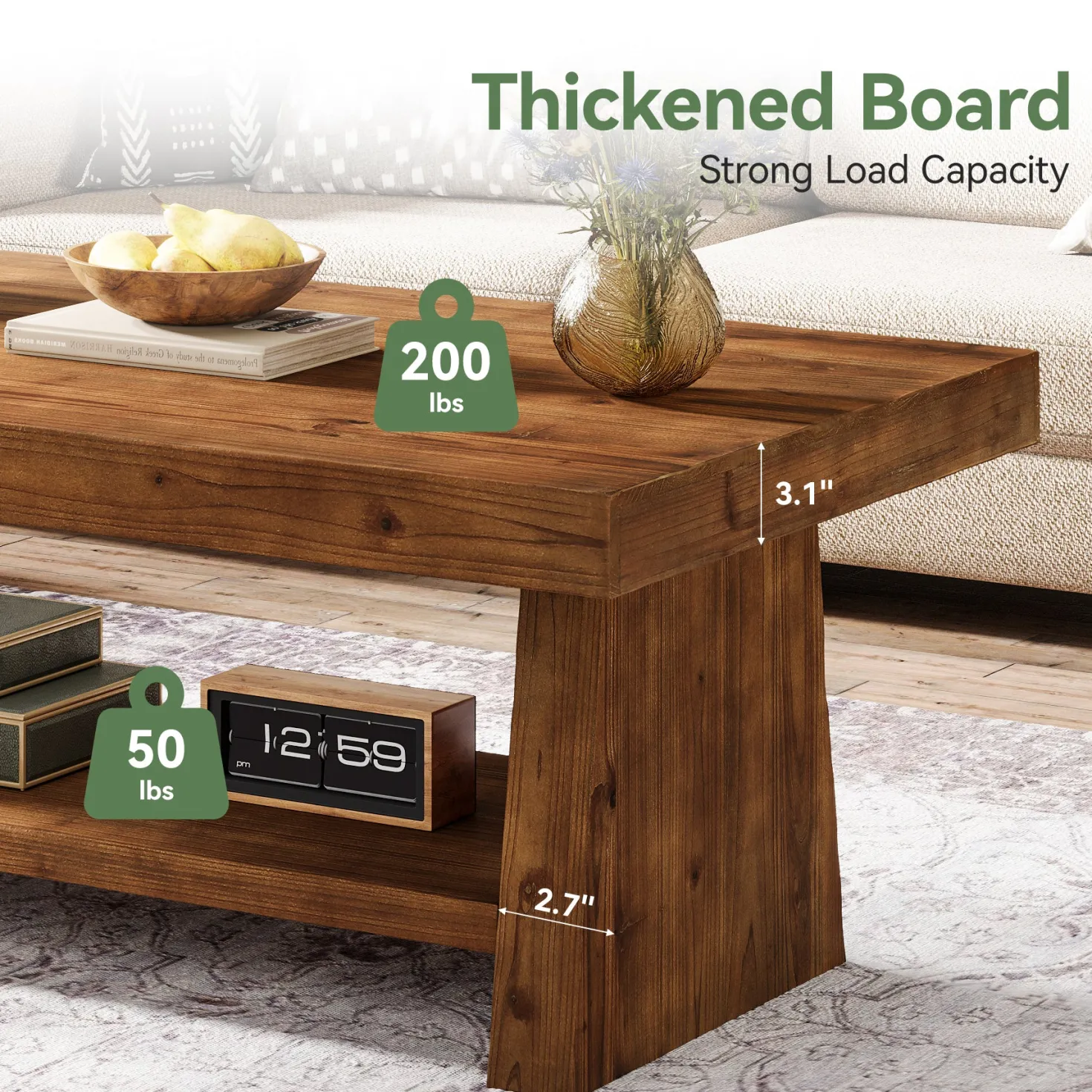 2-Tier Solid Wood Coffee Table, 47" Farmhouse Wood Center Table with Storage
