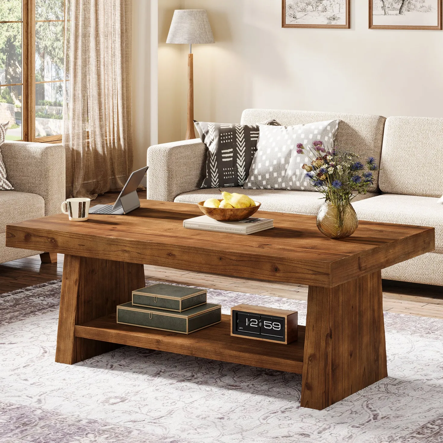 2-Tier Solid Wood Coffee Table, 47" Farmhouse Wood Center Table with Storage