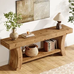 2-Tier Solid Wood Console Table, 63" Farmhouse Sofa Table Behind Couch
