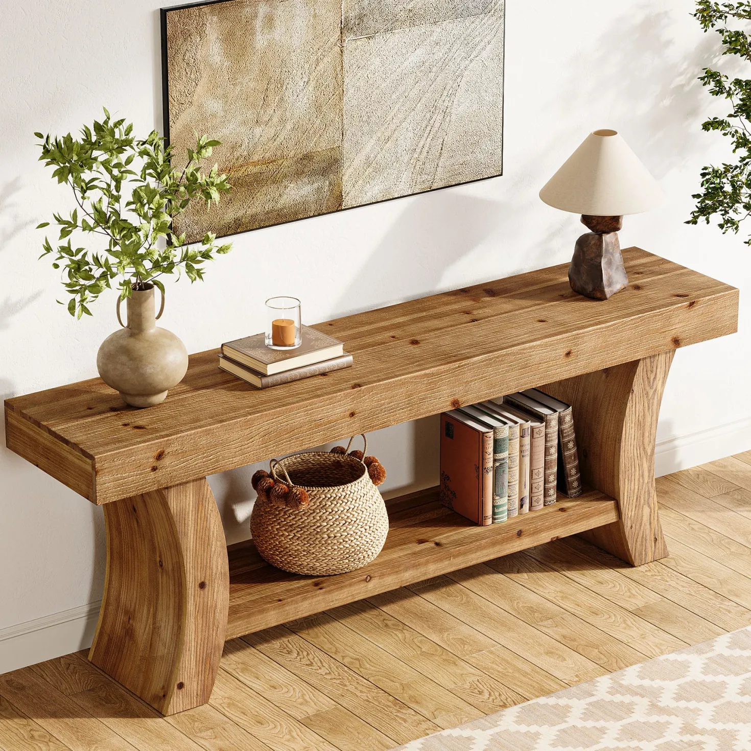 2-Tier Solid Wood Console Table, 63" Farmhouse Sofa Table Behind Couch