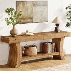 2-Tier Solid Wood Console Table, 63" Farmhouse Sofa Table Behind Couch