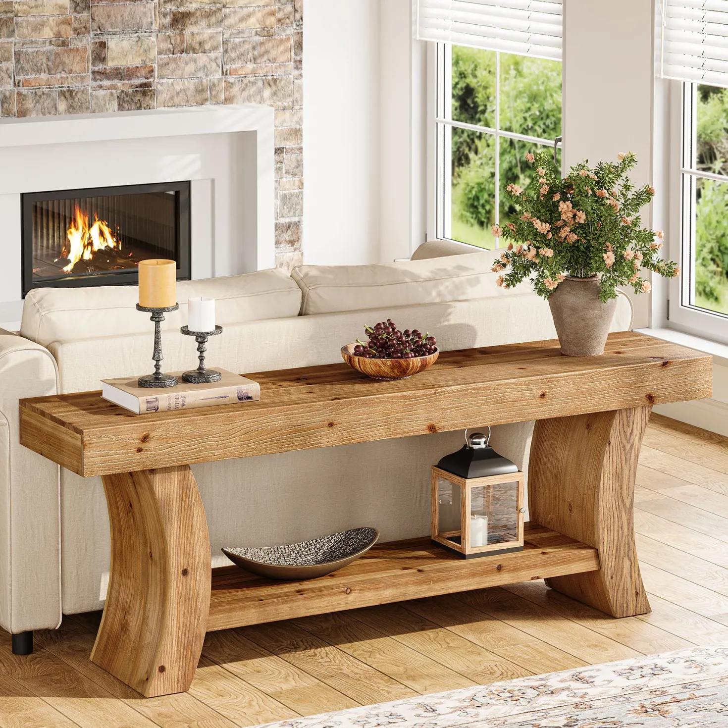 2-Tier Solid Wood Console Table, 63" Farmhouse Sofa Table Behind Couch