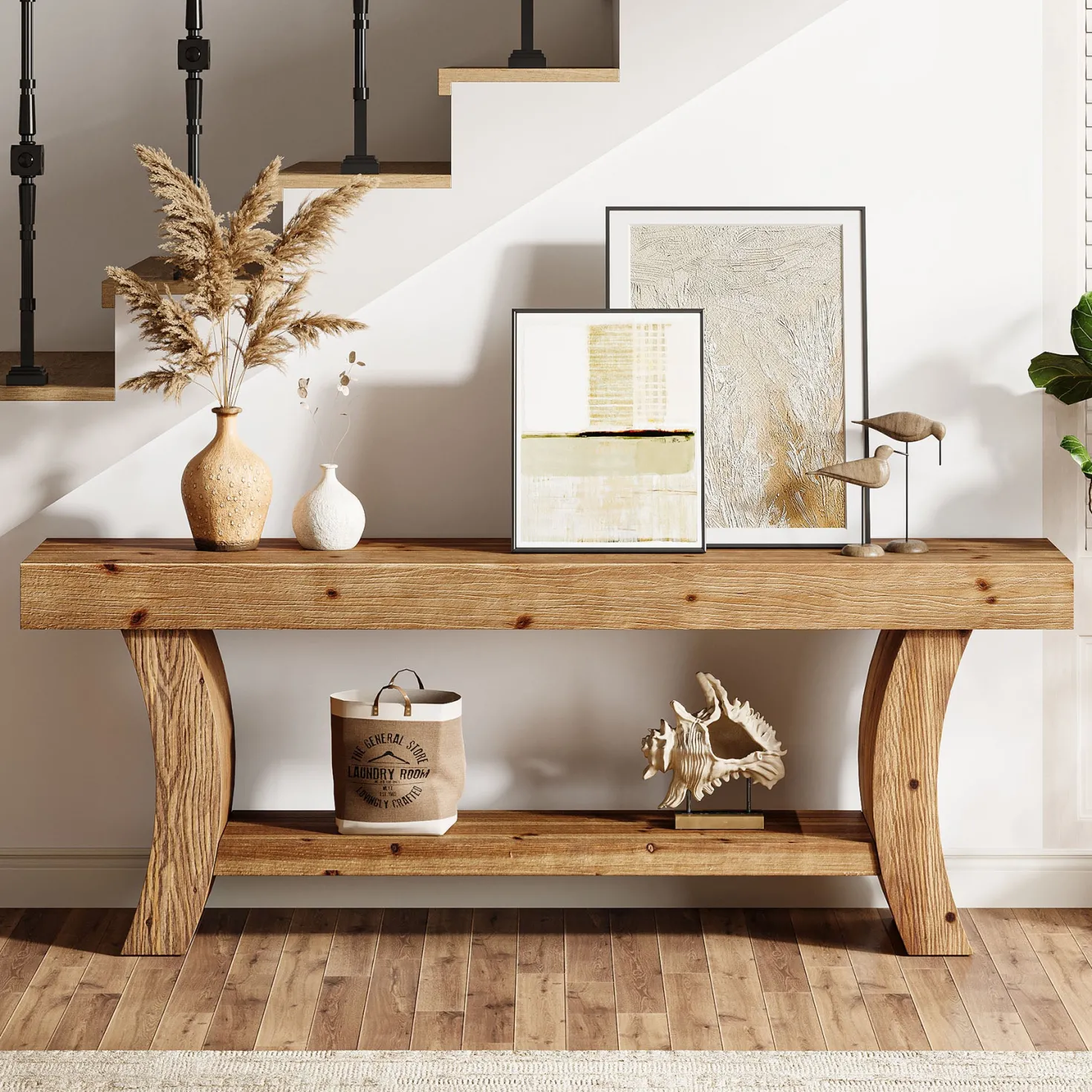 2-Tier Solid Wood Console Table, 63" Farmhouse Sofa Table Behind Couch