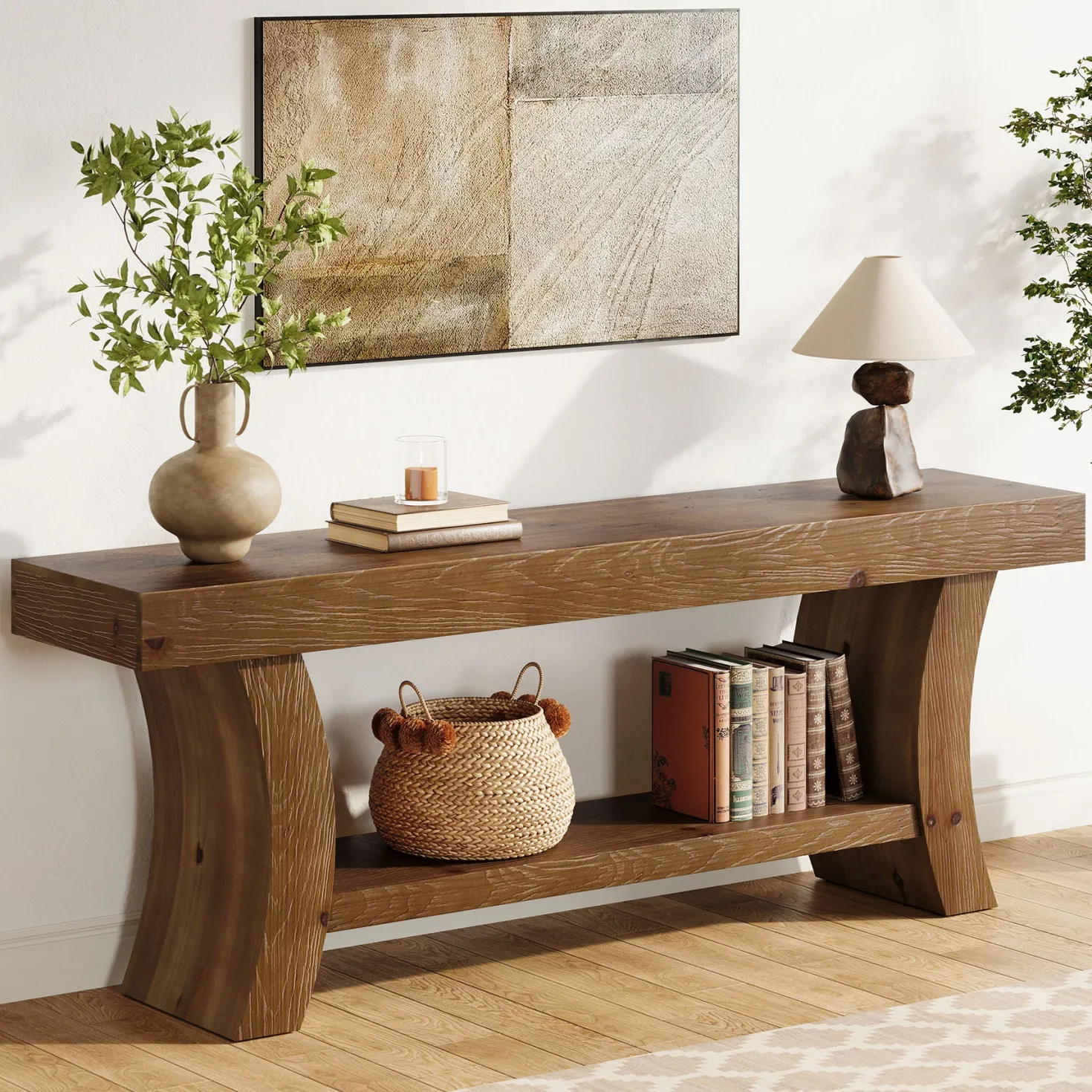 2-Tier Solid Wood Console Table, 63" Farmhouse Sofa Table Behind Couch