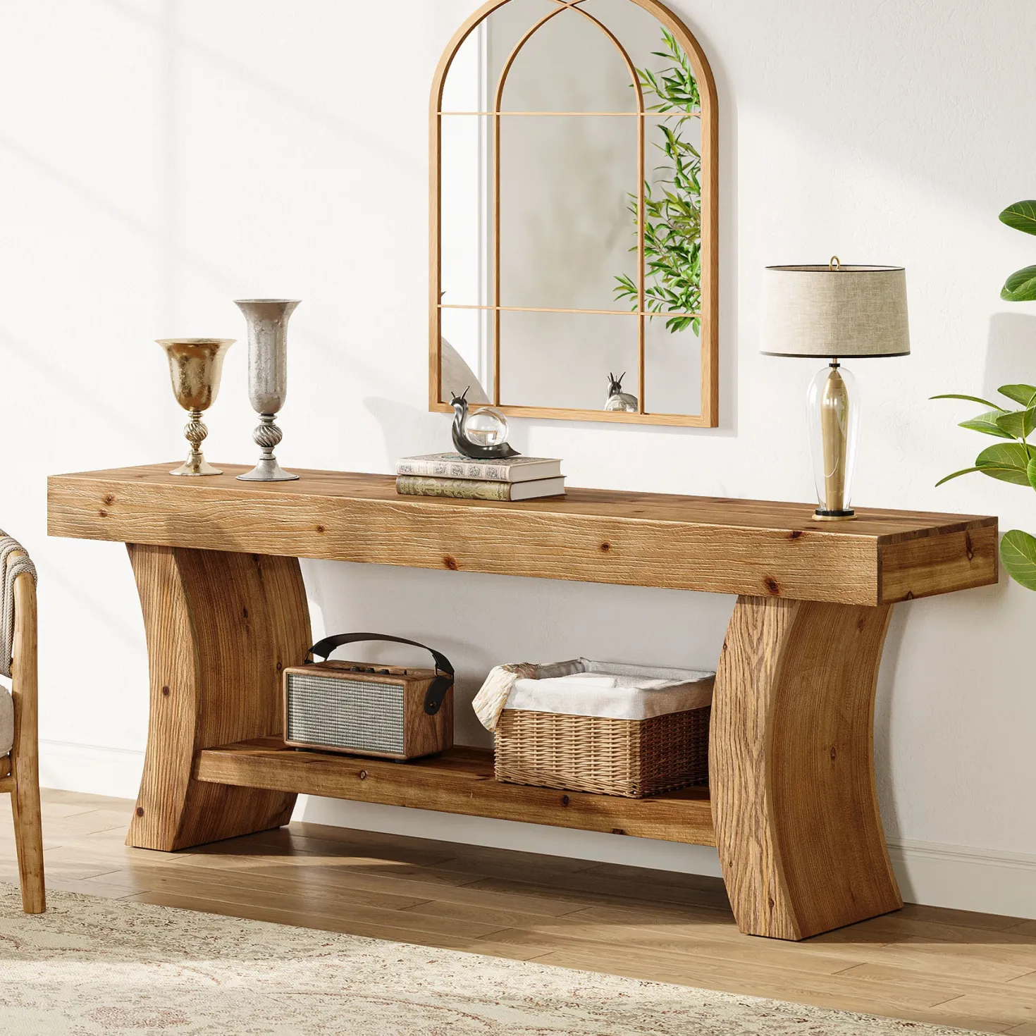 2-Tier Solid Wood Console Table, 63" Farmhouse Sofa Table Behind Couch