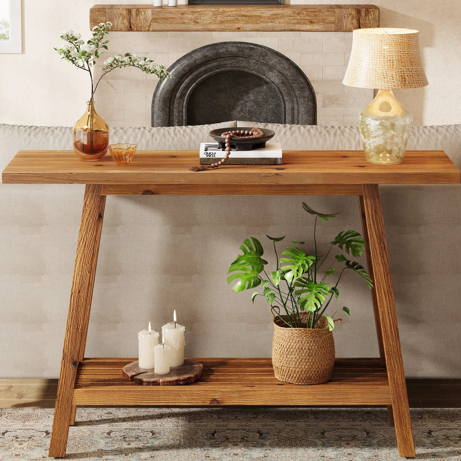 2-Tier Solid Wood Console Table, 41.3" Entryway Table with Storage Shelf