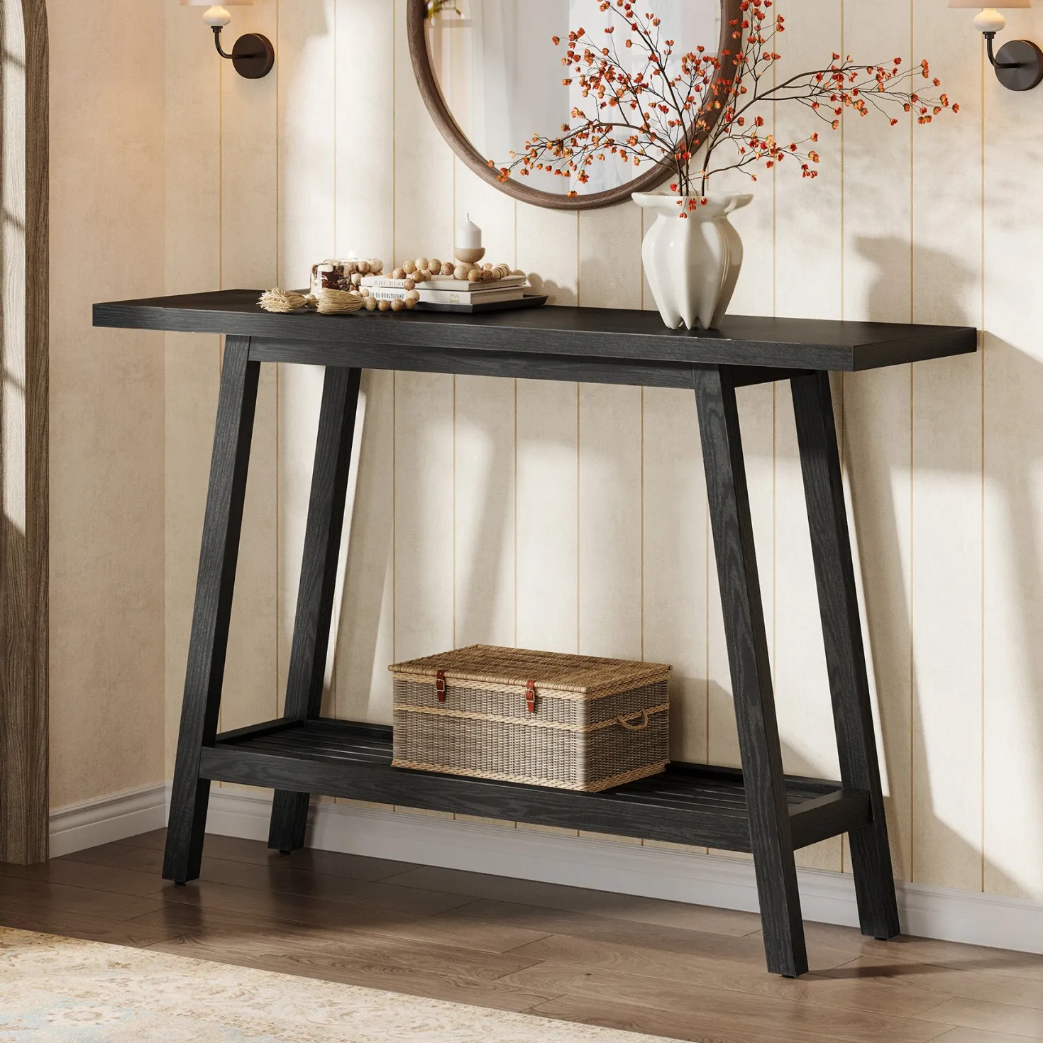 2-Tier Solid Wood Console Table, 41.3" Entryway Table with Storage Shelf