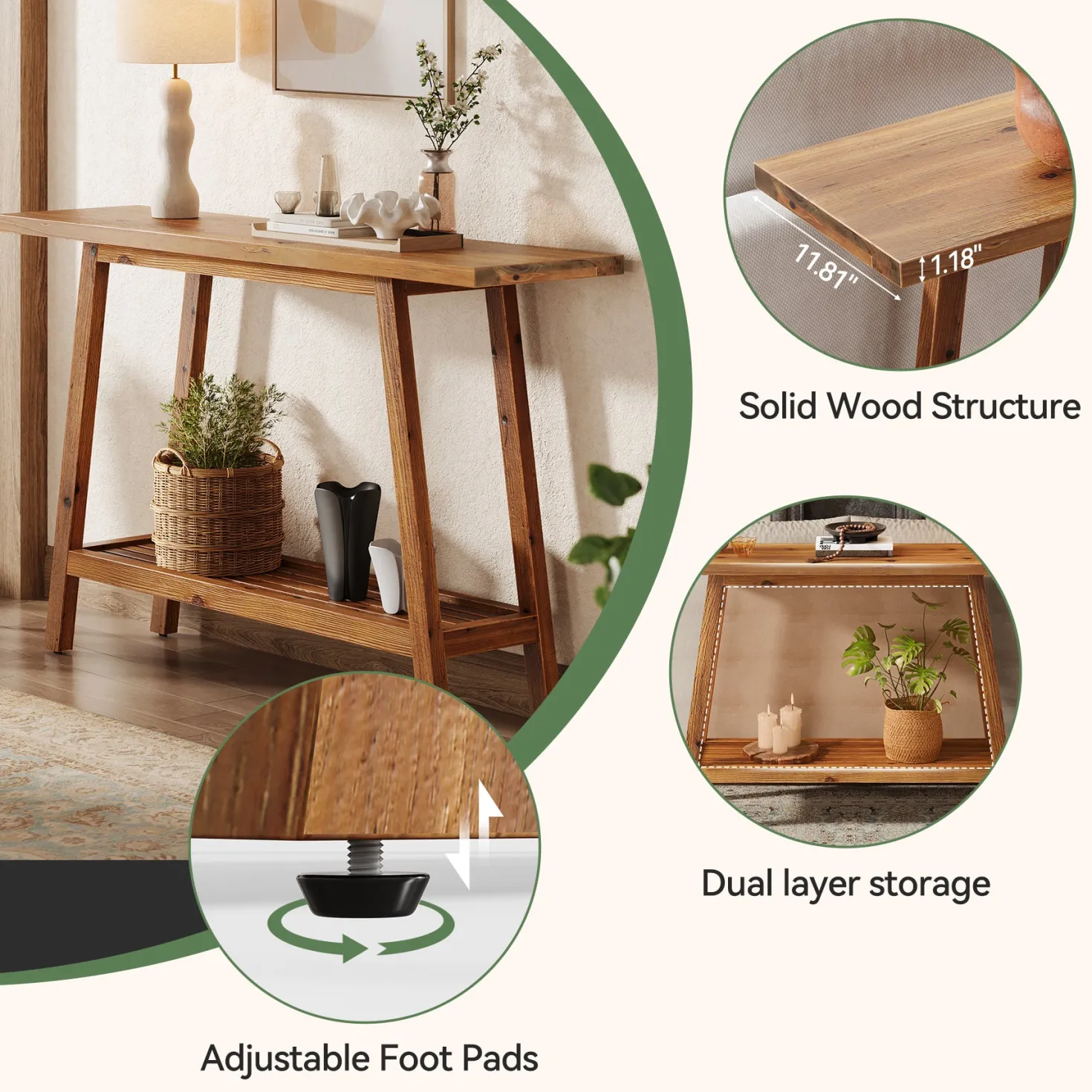 2-Tier Solid Wood Console Table, 41.3" Entryway Table with Storage Shelf