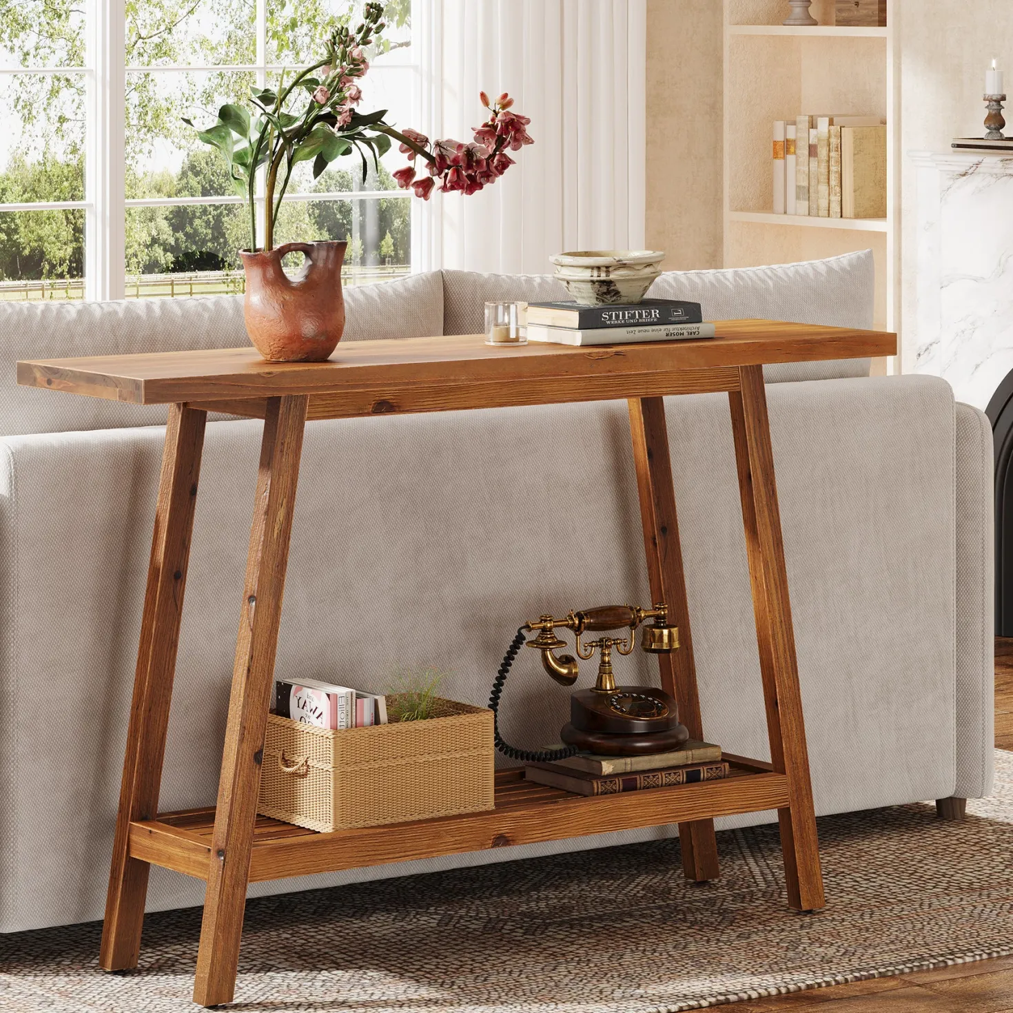 2-Tier Solid Wood Console Table, 41.3" Entryway Table with Storage Shelf
