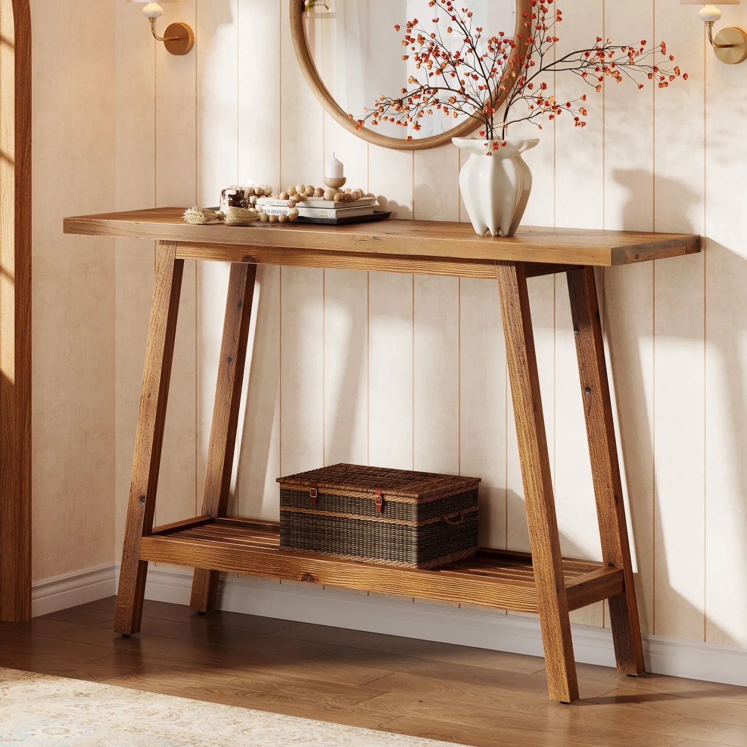 2-Tier Solid Wood Console Table, 41.3" Entryway Table with Storage Shelf
