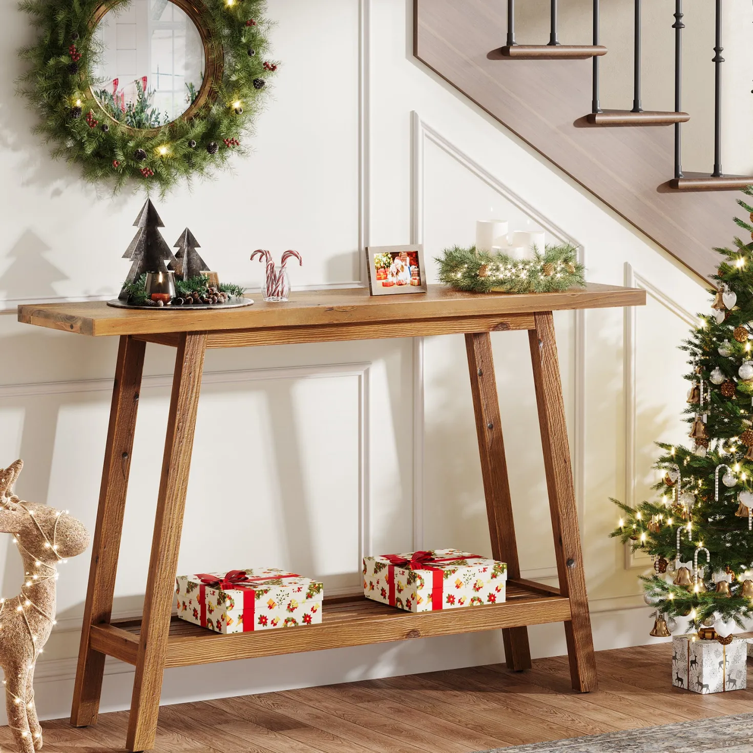 2-Tier Solid Wood Console Table, 41.3" Entryway Table with Storage Shelf