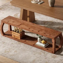 2-Tier Solid Wood Dining Bench, 59" Farmhouse Entryway Bench with Open Shelves