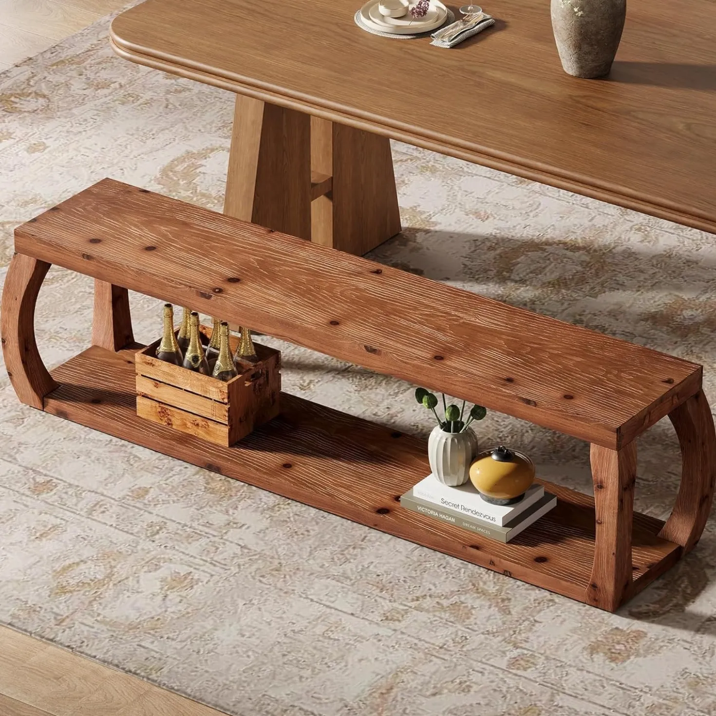 2-Tier Solid Wood Dining Bench, 59" Farmhouse Entryway Bench with Open Shelves