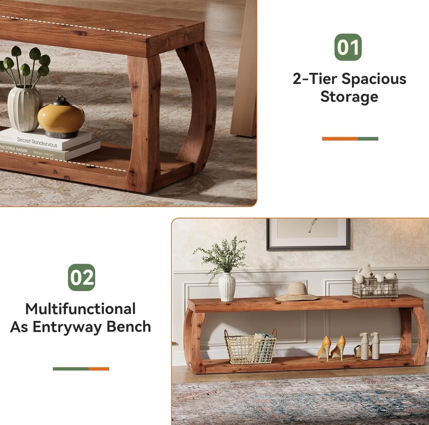 2-Tier Solid Wood Dining Bench, 59" Farmhouse Entryway Bench with Open Shelves