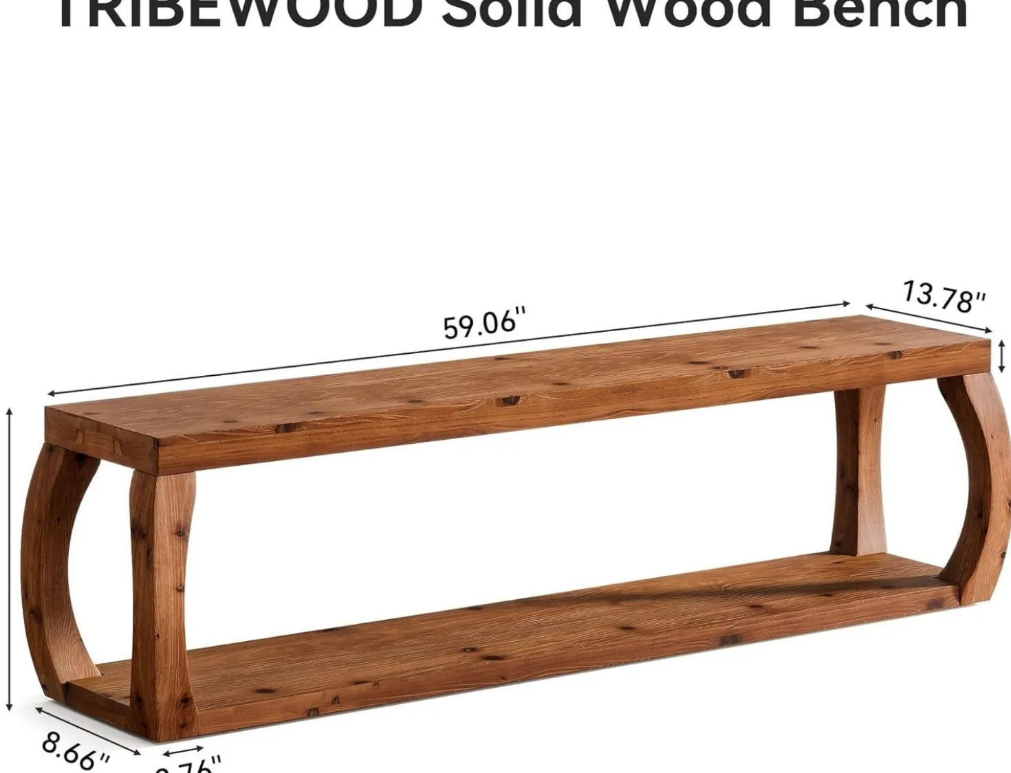 2-Tier Solid Wood Dining Bench, 59" Farmhouse Entryway Bench with Open Shelves