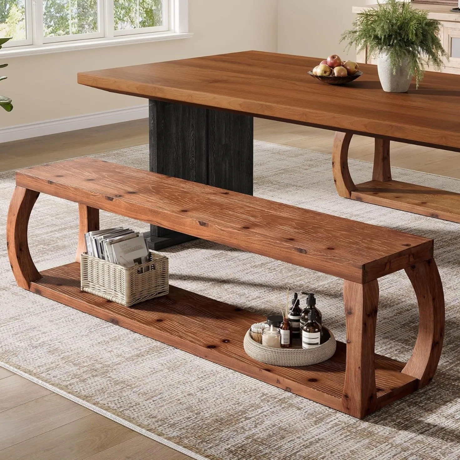2-Tier Solid Wood Dining Bench, 59" Farmhouse Entryway Bench with Open Shelves