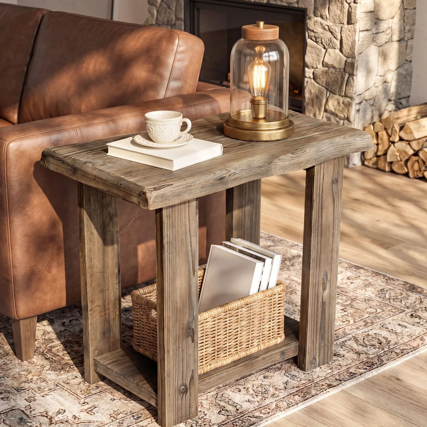 2-Tier Solid Wood End Table, Rectangle Side Table Nightstands for Living Room, Bedroom