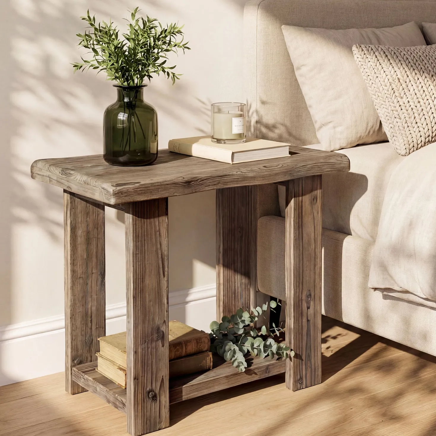 2-Tier Solid Wood End Table, Rectangle Side Table Nightstands for Living Room, Bedroom