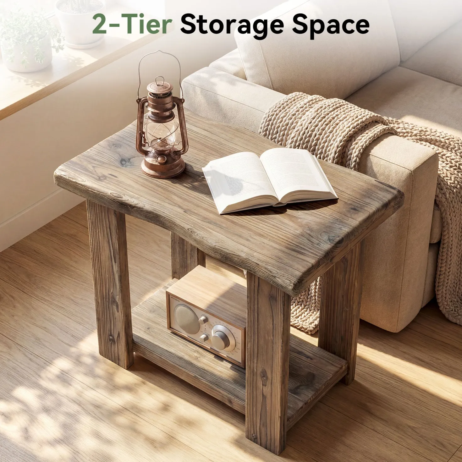 2-Tier Solid Wood End Table, Rectangle Side Table Nightstands for Living Room, Bedroom