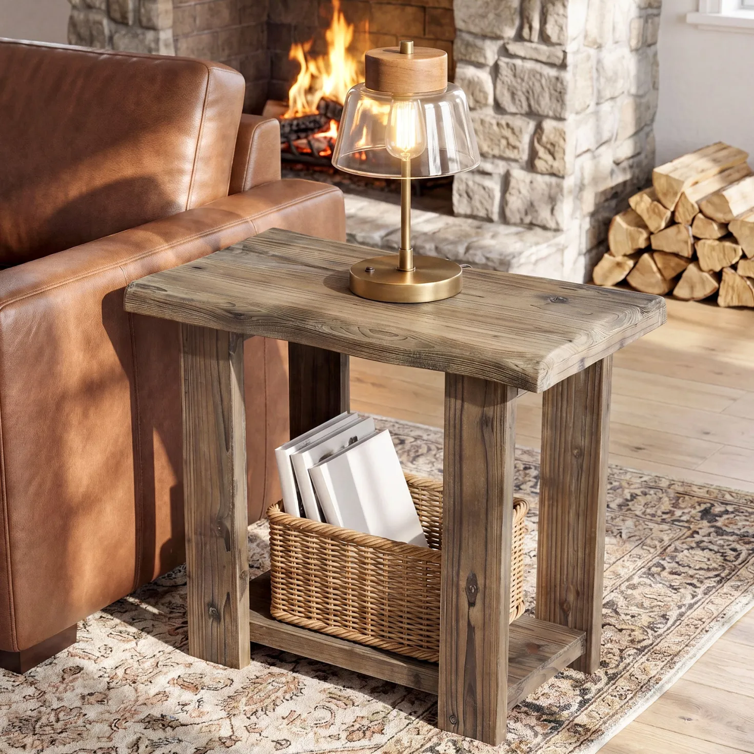 2-Tier Solid Wood End Table, Rectangle Side Table Nightstands for Living Room, Bedroom