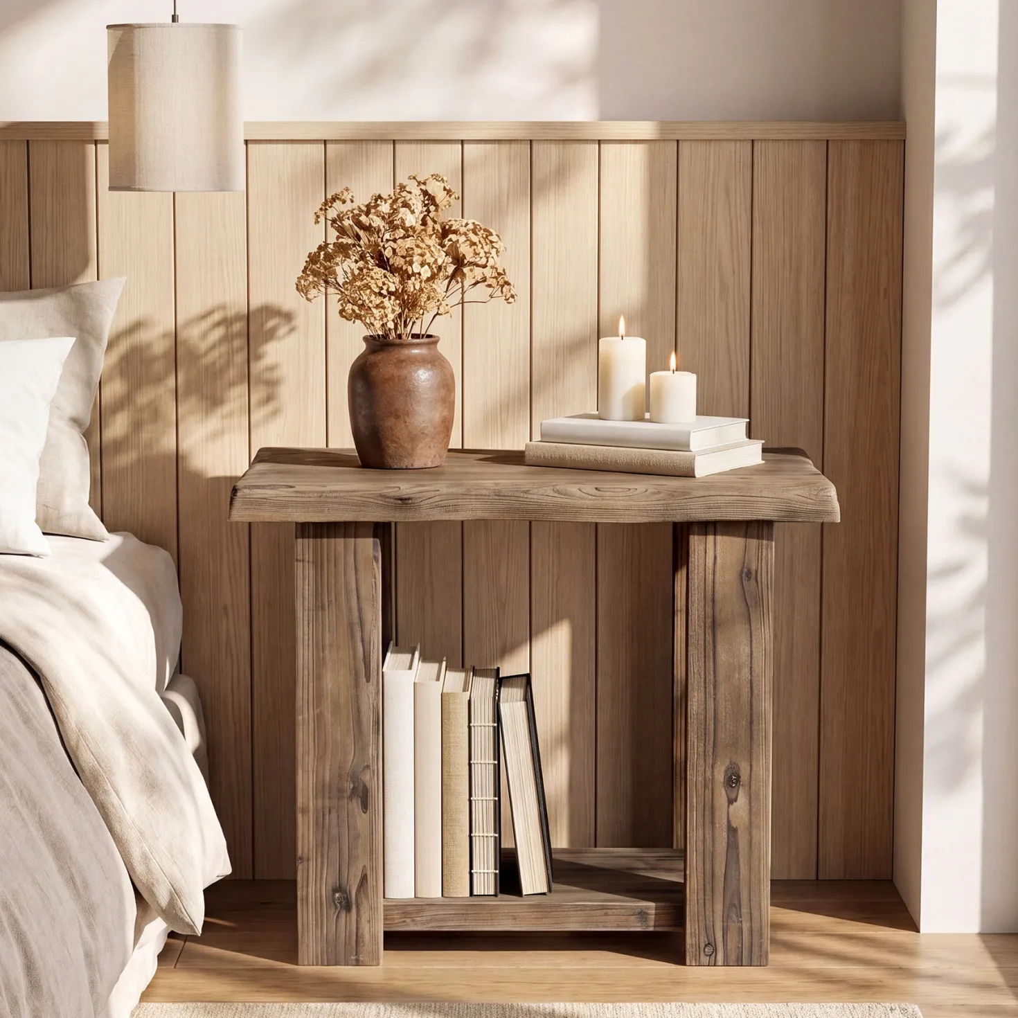 2-Tier Solid Wood End Table, Rectangle Side Table Nightstands for Living Room, Bedroom