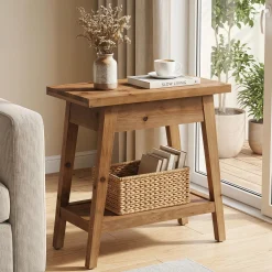 2-Tier Solid Wood End Table, Farmhouse Side Table with Storage for Living Room