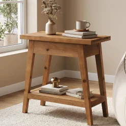 2-Tier Solid Wood End Table, Farmhouse Side Table with Storage for Living Room
