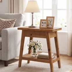 2-Tier Solid Wood End Table, Farmhouse Side Table with Storage for Living Room