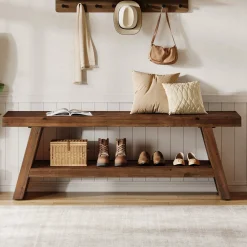 2-Tier Solid Wood Entryway Bench with Open Storage, Wooden Shoe Bench for Hallway & Foyer