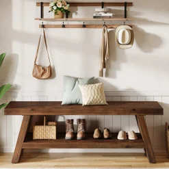 2-Tier Solid Wood Entryway Bench with Open Storage, Wooden Shoe Bench for Hallway & Foyer