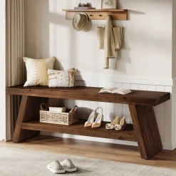 2-Tier Solid Wood Entryway Bench with Open Storage, Wooden Shoe Bench for Hallway & Foyer