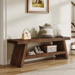 2-Tier Solid Wood Entryway Bench with Open Storage, Wooden Shoe Bench for Hallway & Foyer