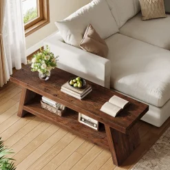 2-Tier Solid Wood Entryway Bench with Open Storage, Wooden Shoe Bench for Hallway & Foyer