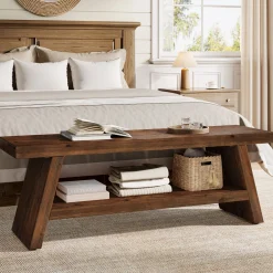 2-Tier Solid Wood Entryway Bench with Open Storage, Wooden Shoe Bench for Hallway & Foyer